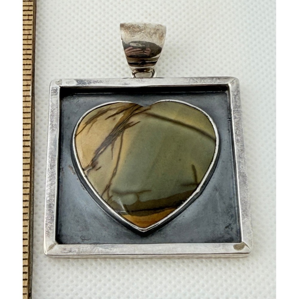 Obsidian‎ Pendant Heart Picture Jasper Sterling Silver 39.3g